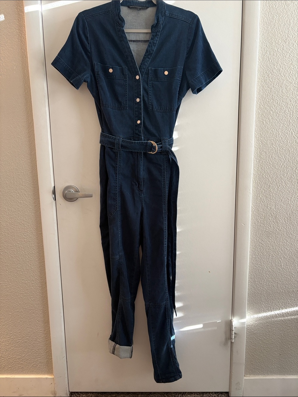 White House Black Market Dark Denim Utility Short Sleeve Snap Front w/zip SZ 8
